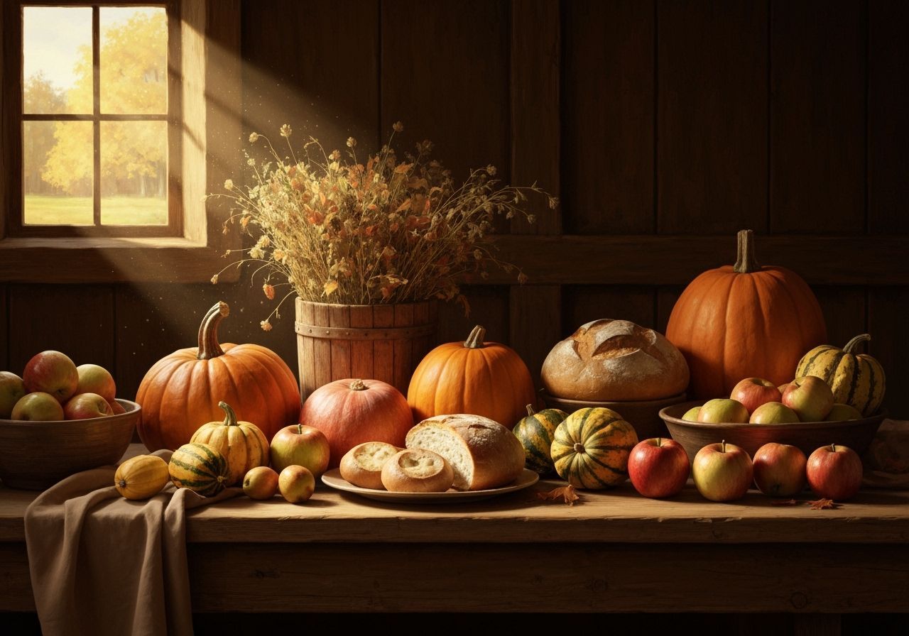 A bountiful harvest feast is laid out on a rustic wooden table, overflowing with pumpkins, gourds, apples, ...  by @Phan Phuong Phi