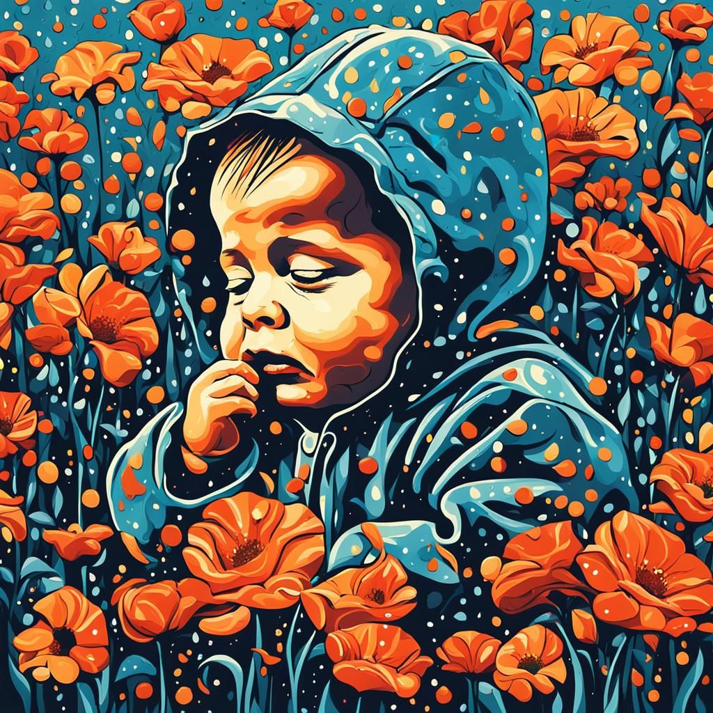 Crying baby in the rain of flowers