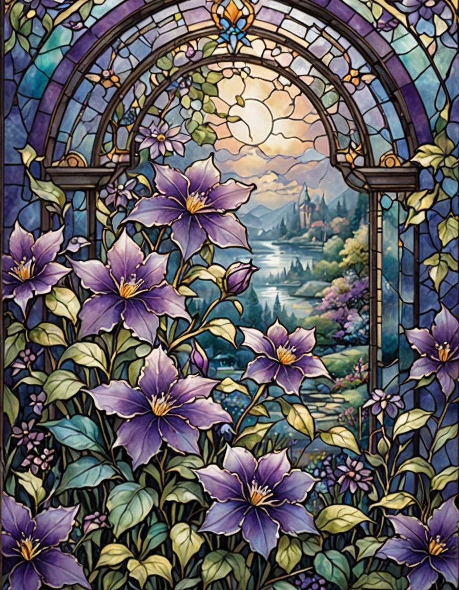 stain glass round small vibrant purple, clematis flower in c...
