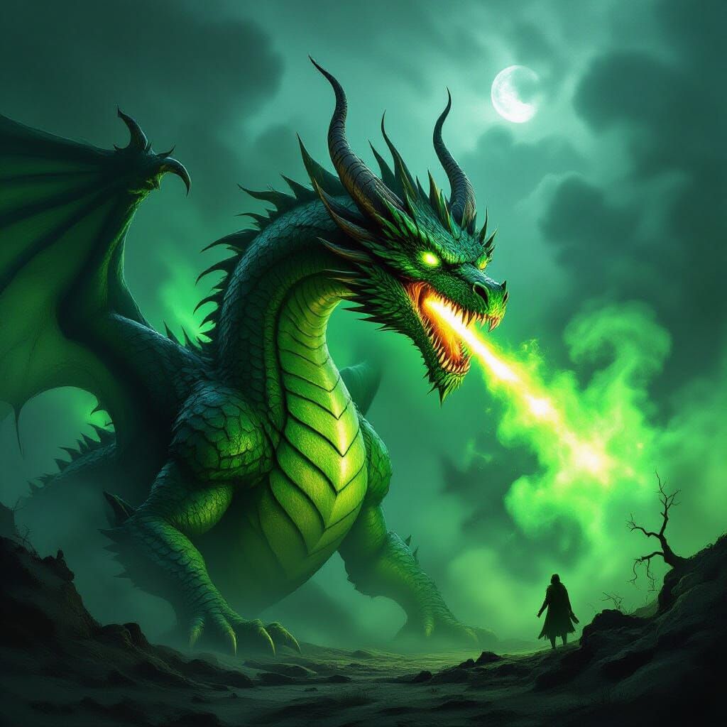 Terrifying Green Dragon in Dark Fantasy Art Style