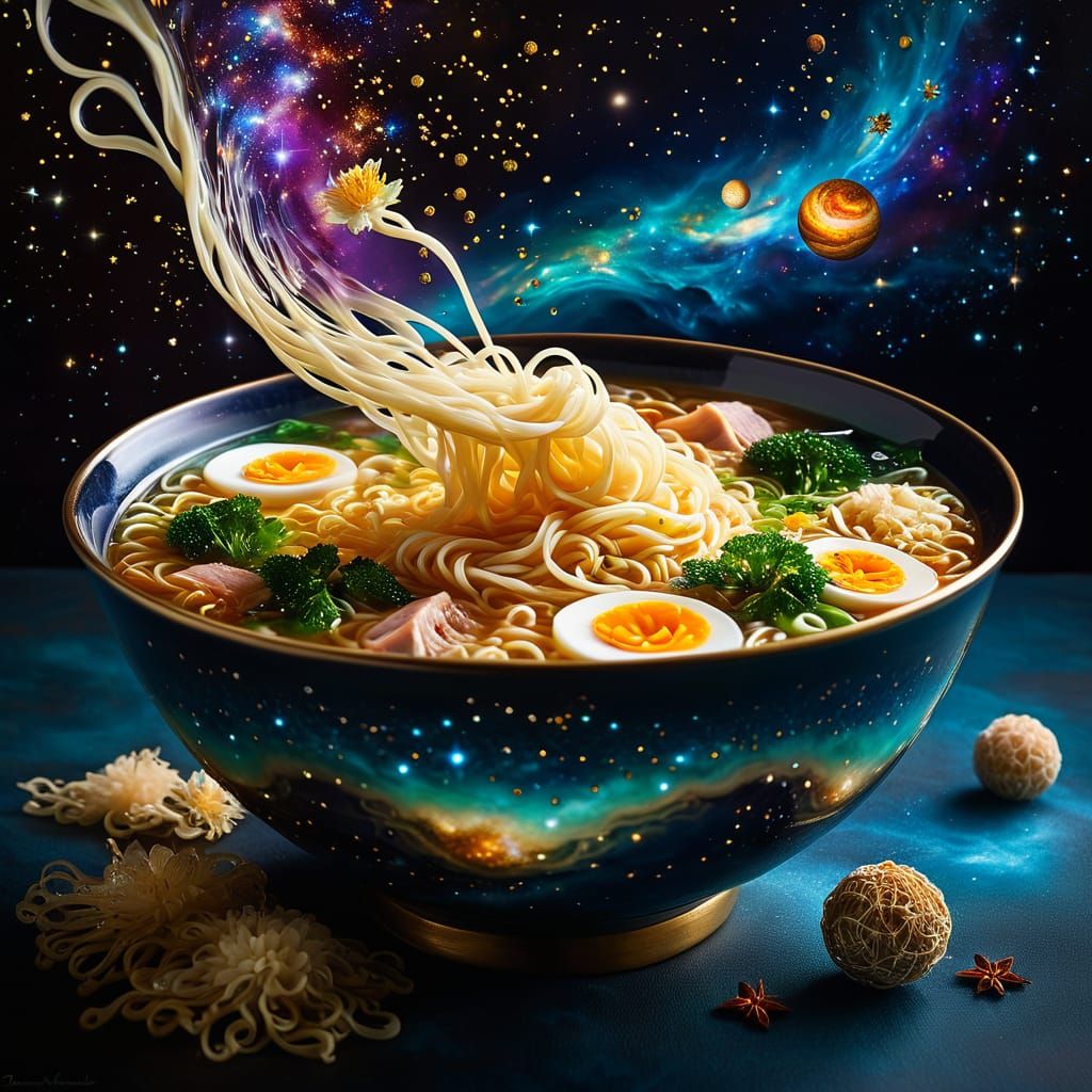A steaming bowl of ramen noodles crafted from delicate stran...