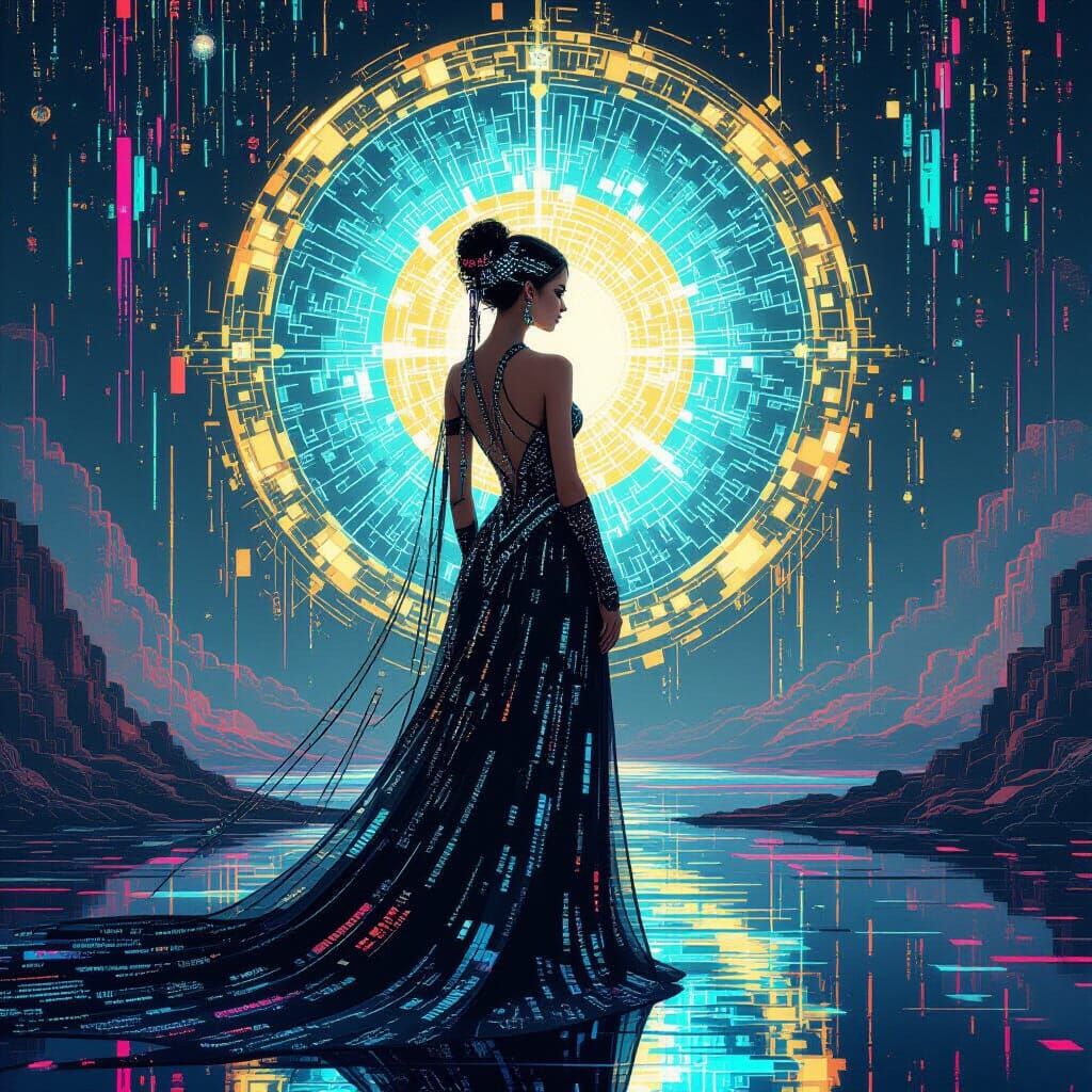 A digital oracle with a flowing gown of binary code stands before a shimmering portal, their eyes radiating an otherworldly glow. The backgr...