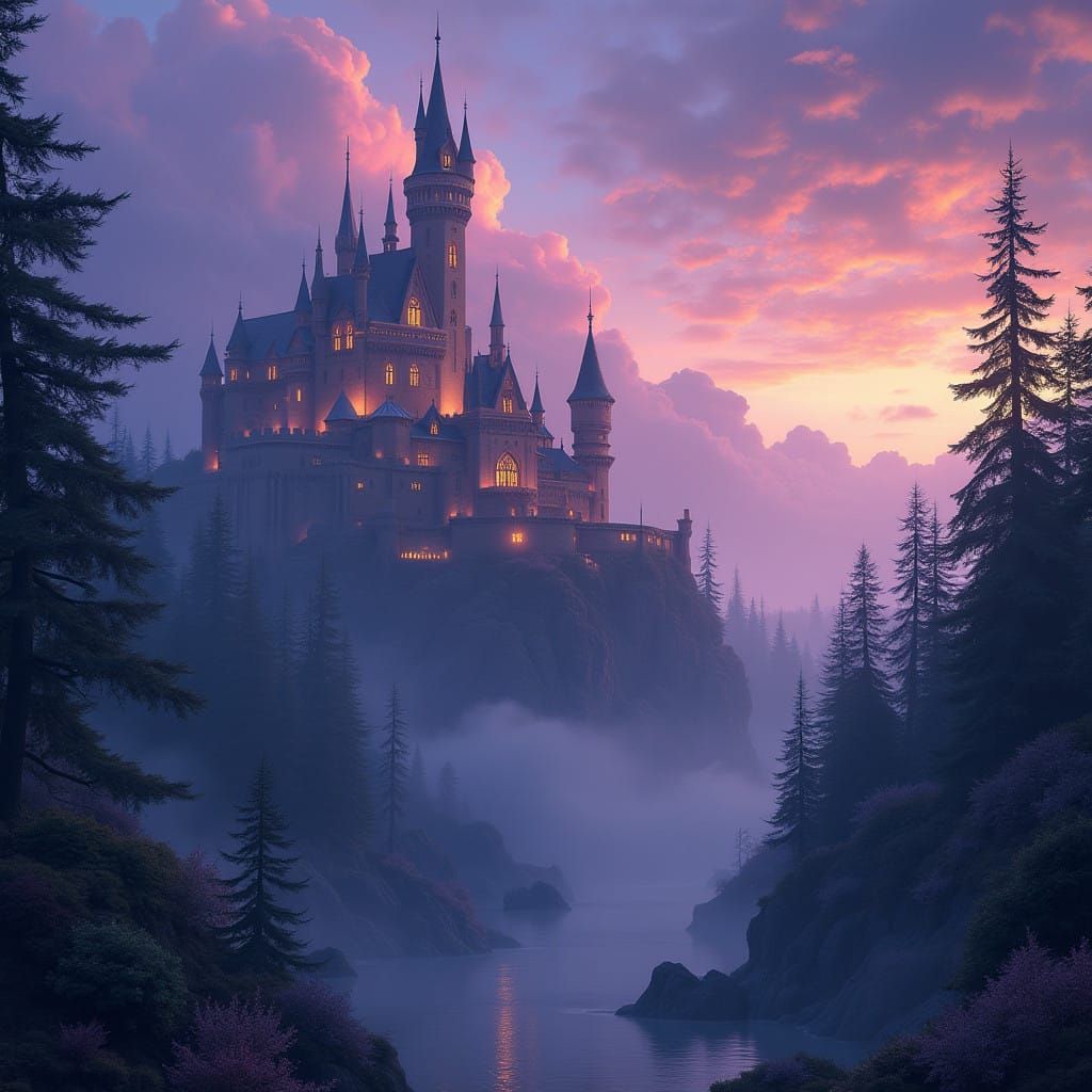 Ethereal Castle Amidst Vibrant Twilight Forests