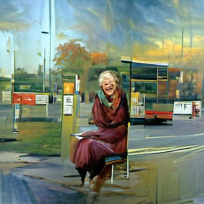 Laughing elderly woman at a bus stop