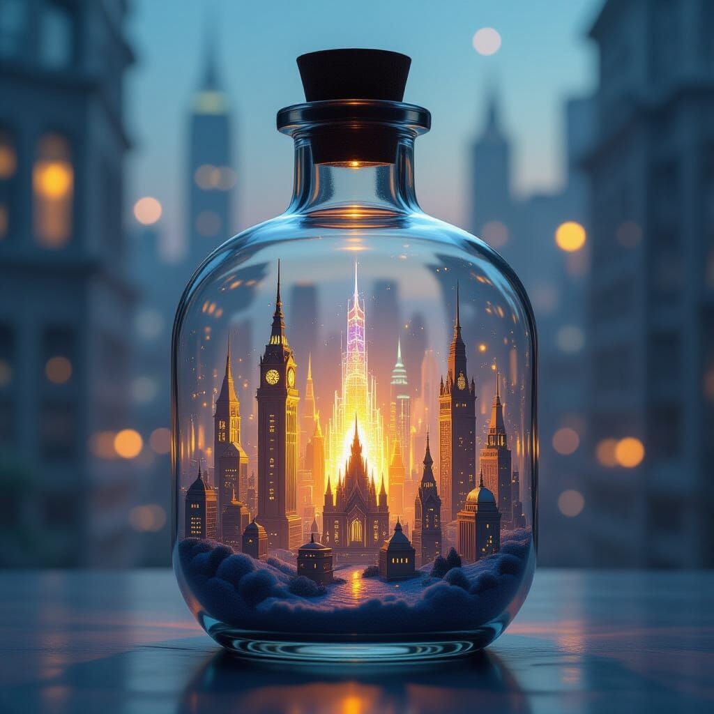 Cityscape Inside Bottle with Ethereal Glow