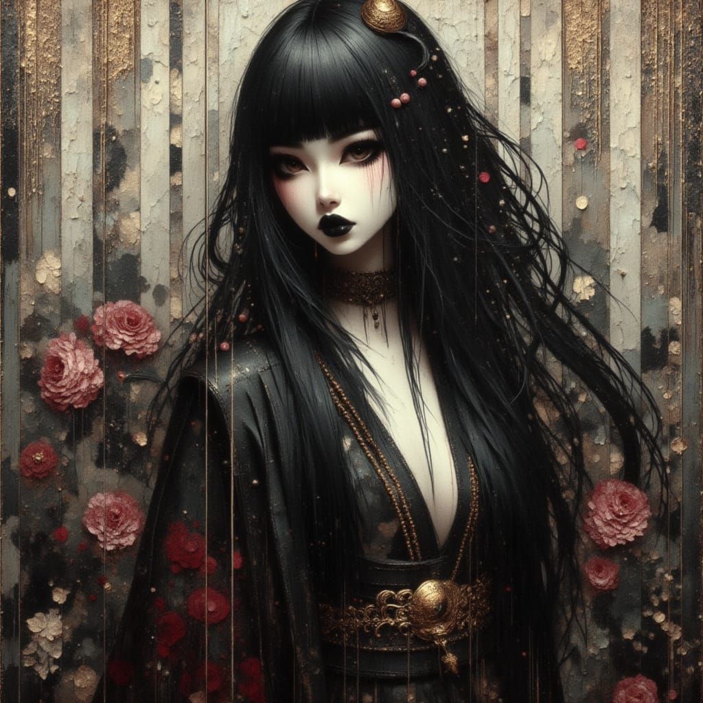 <lora:Goth Grunge Beauty:1.0> heavy extreme smudged oil impasto-style brushwork, An anime manga elegant gorgeous glamorous gothic grunge jap...