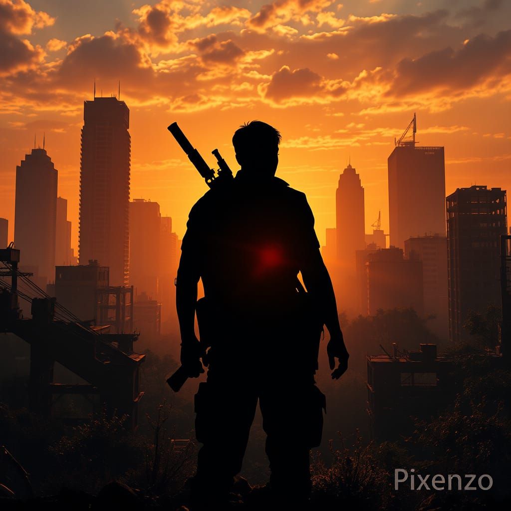 Post-Apocalyptic Survivor in Ruined Cityscape