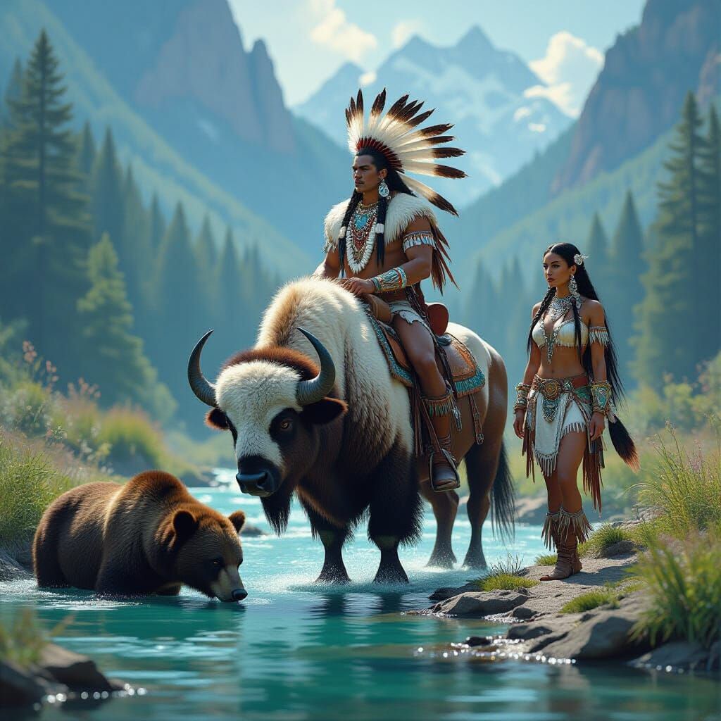  A realistic Indian warrior, named White Buffalo Warrior, adorned in buckskin and accompanied by a white buffalo, approaches a stream. A bla...