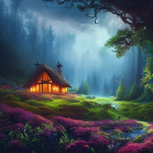 A fairytale landscape of a dark forest with a cottage covere...