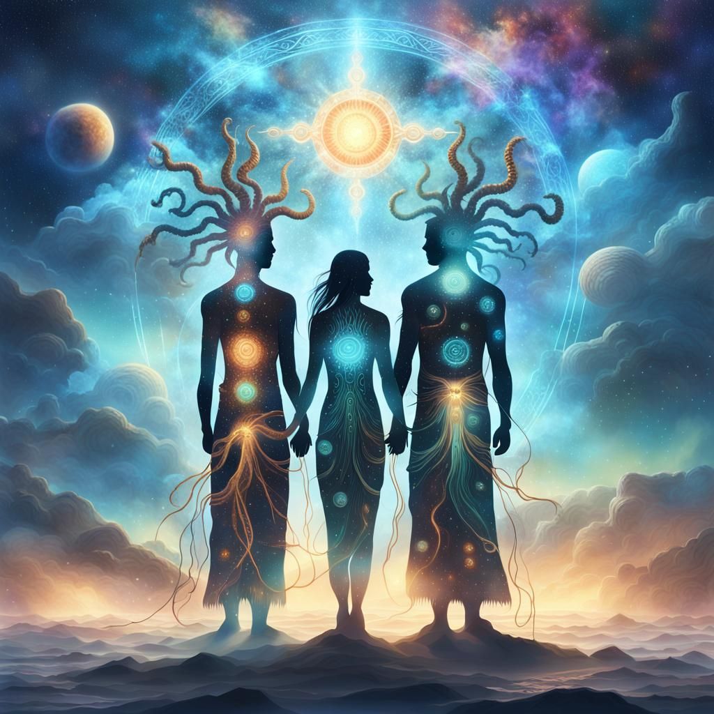 Cosmic Shamans in Surrealist Astral Dreamscape