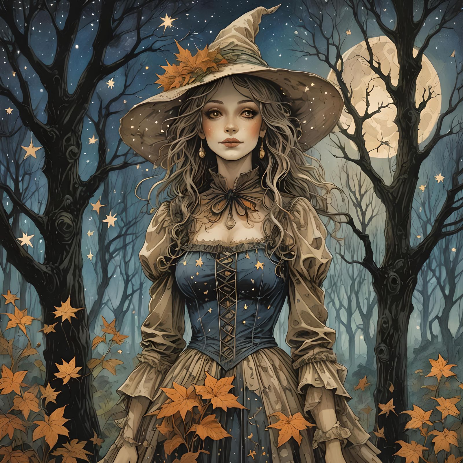 starry forest, beautiful living scarecrow witch, intaglio comic art, Phil Noto, Josephine Wall;  by @BlakeRaven