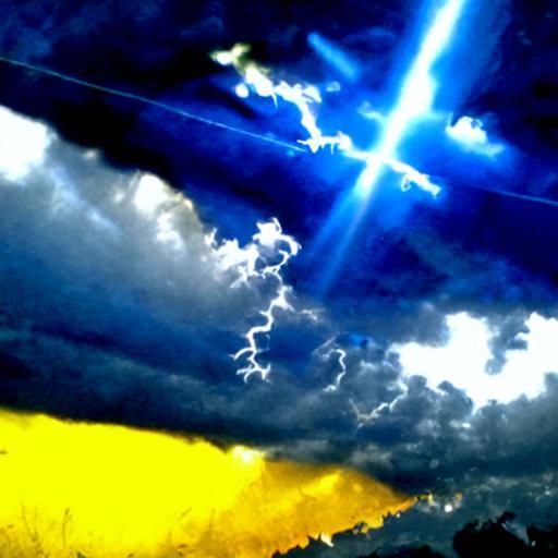 Bright blue and gold yellow lightening bolts piercing the da...