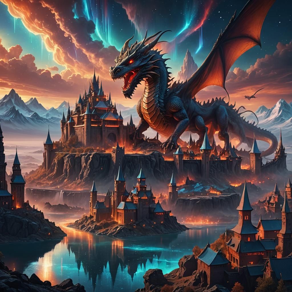 Mystical Dragon City in Aurora Borealis: Fantasy Art
