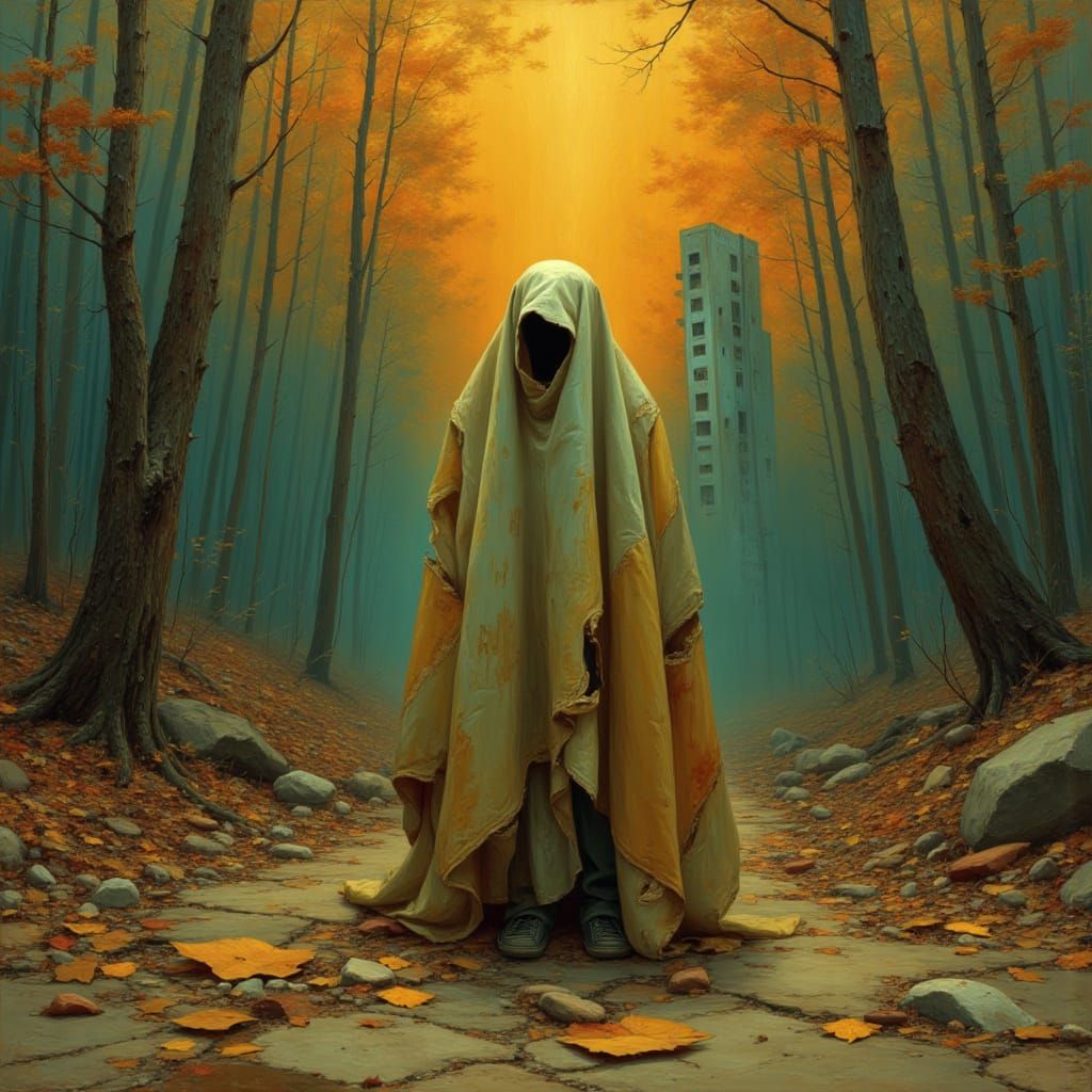 <lora:Brutalist Wilderness:1.0> Oil painting of a faceless wanderer draped in tattered canvas in the style of Francis Bacon and Paul Kenton...