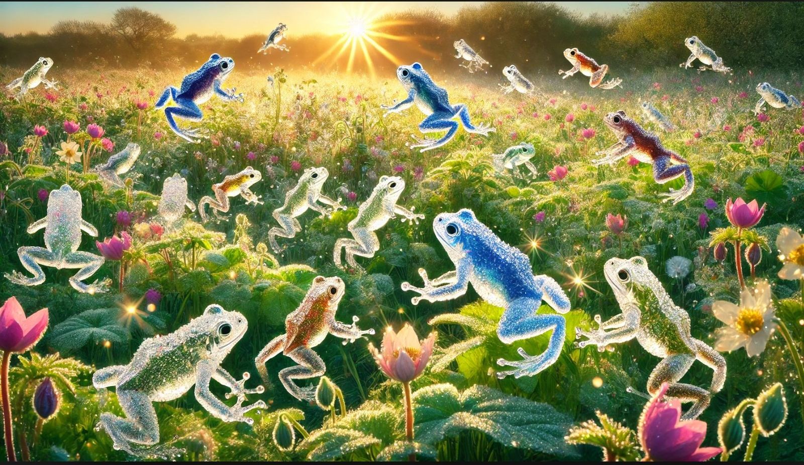 a spring meadow with glass frogs