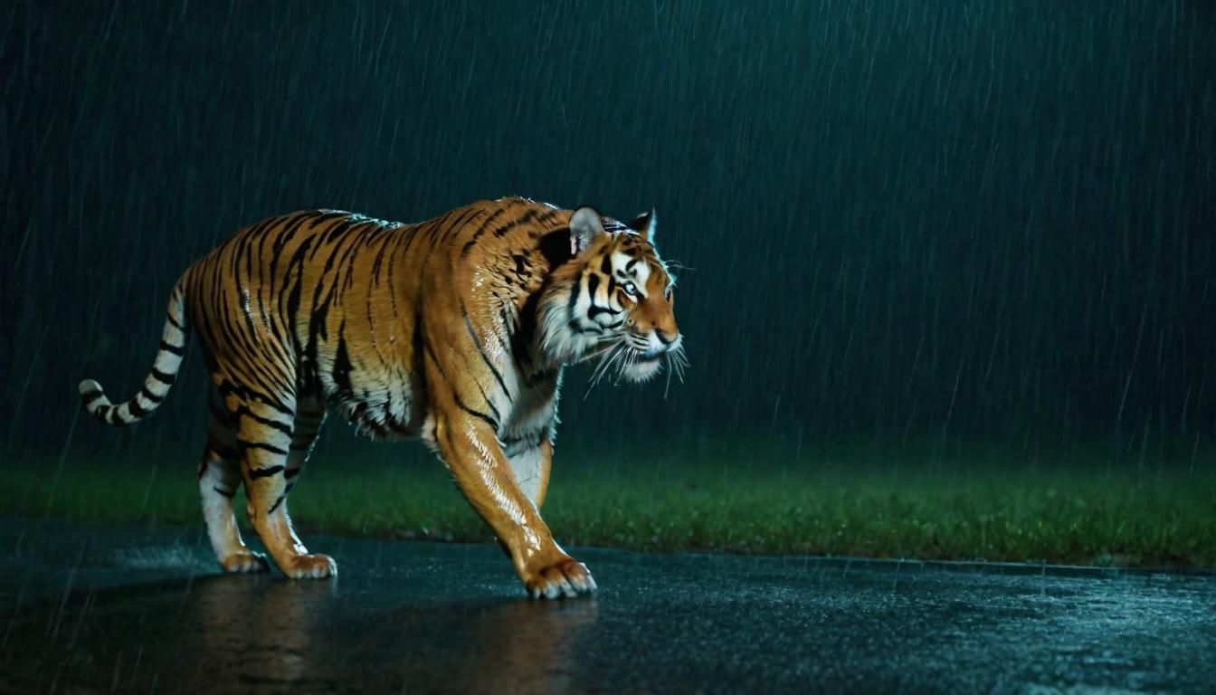 Pacing tiger at night, hurricane-force winds, rain, cinematic - AI ...