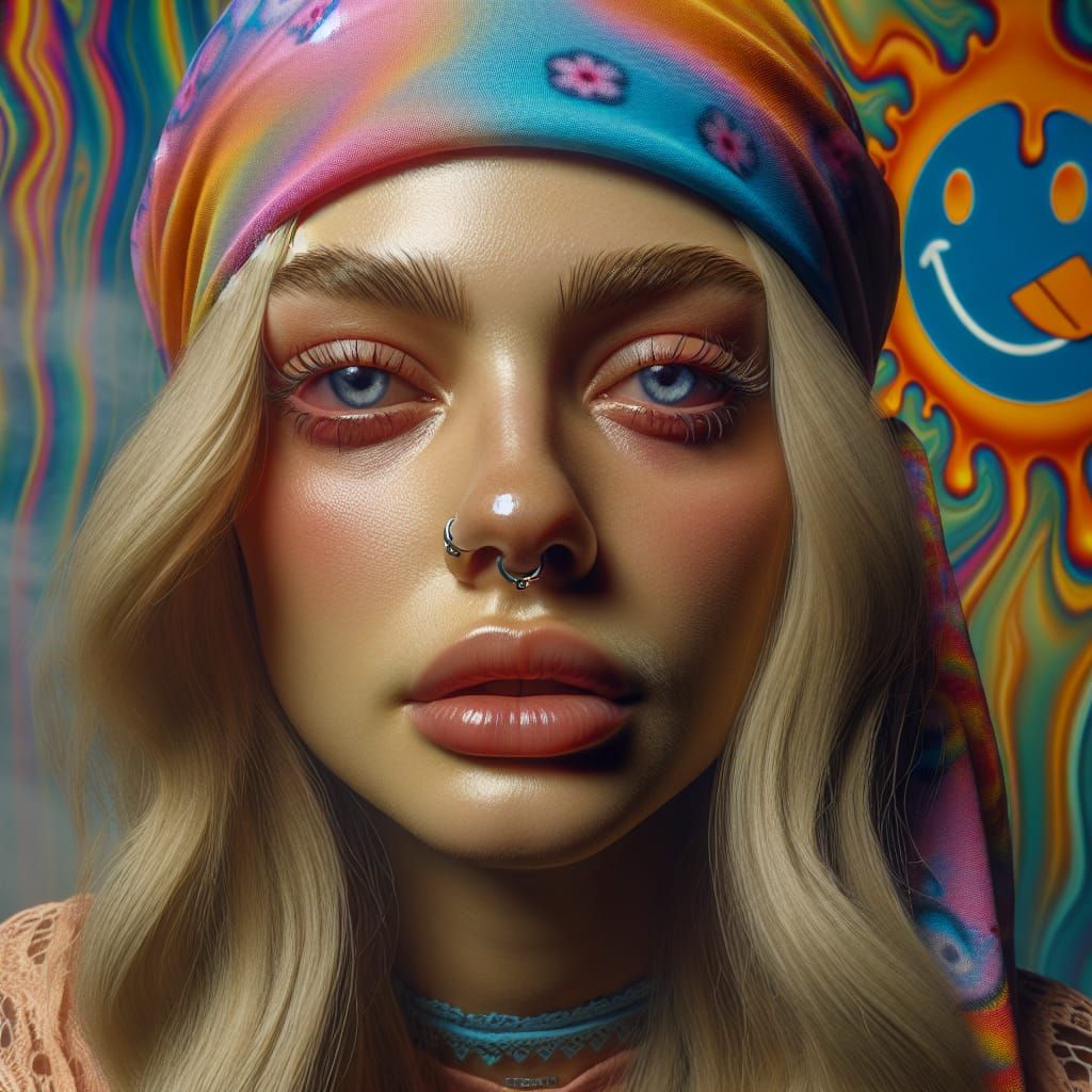 Stoned Blonde with Rainbow Headscarf in Psychedelic Portrait