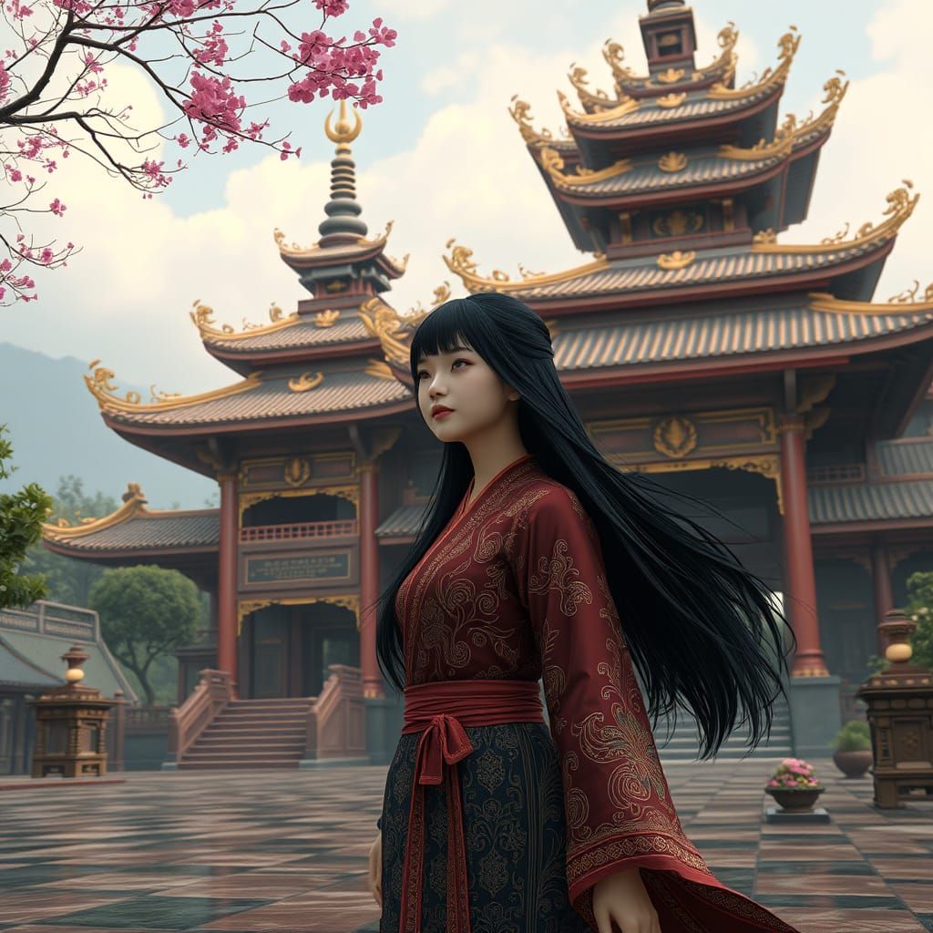 Korean Girl in Thai Clothing at Buddhist Temple