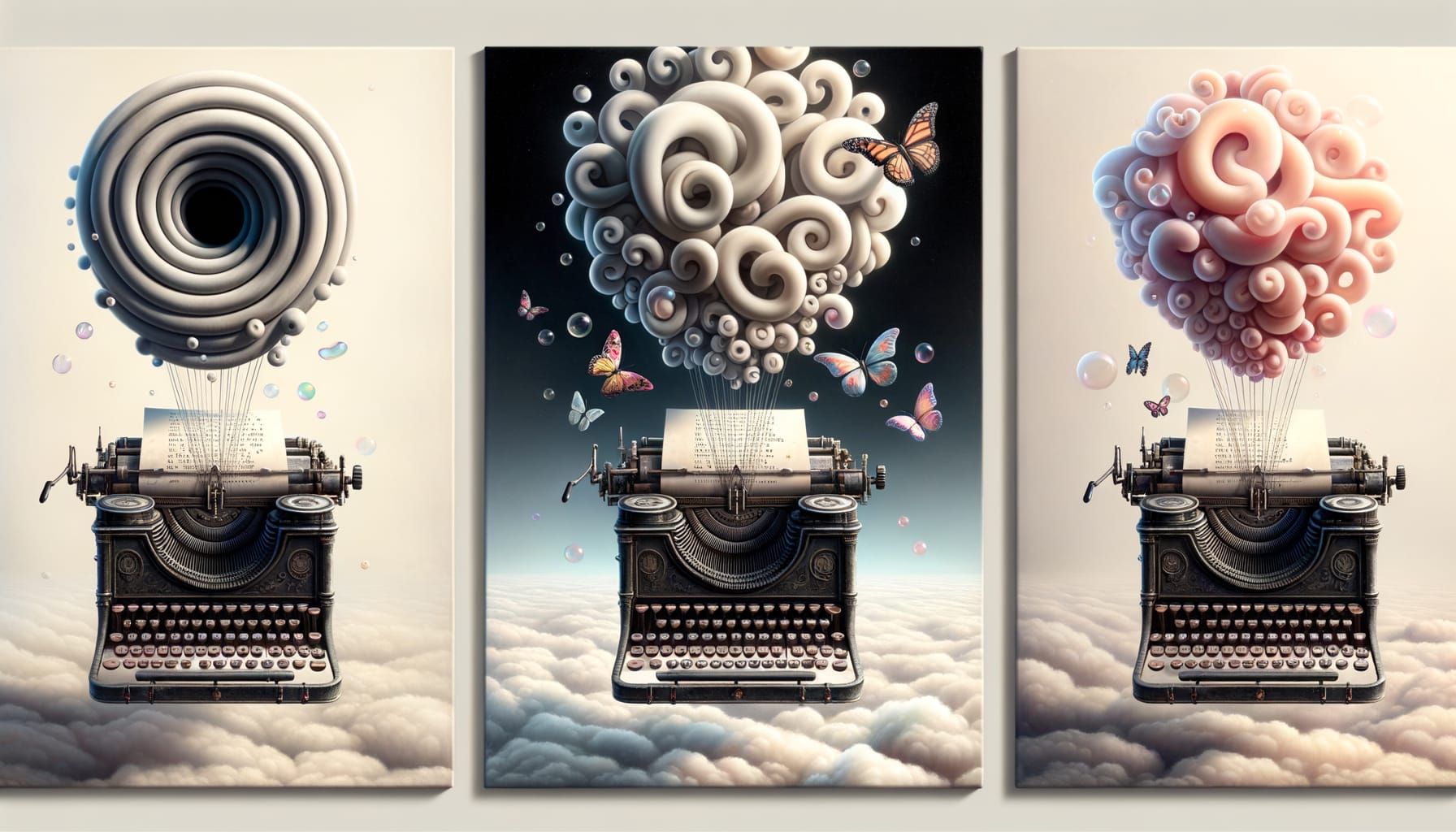 Triptych:
Panel 1: A typewriter with black holes for buttons. Letters vanish into each swirling void. The machine floats inside an endless w...