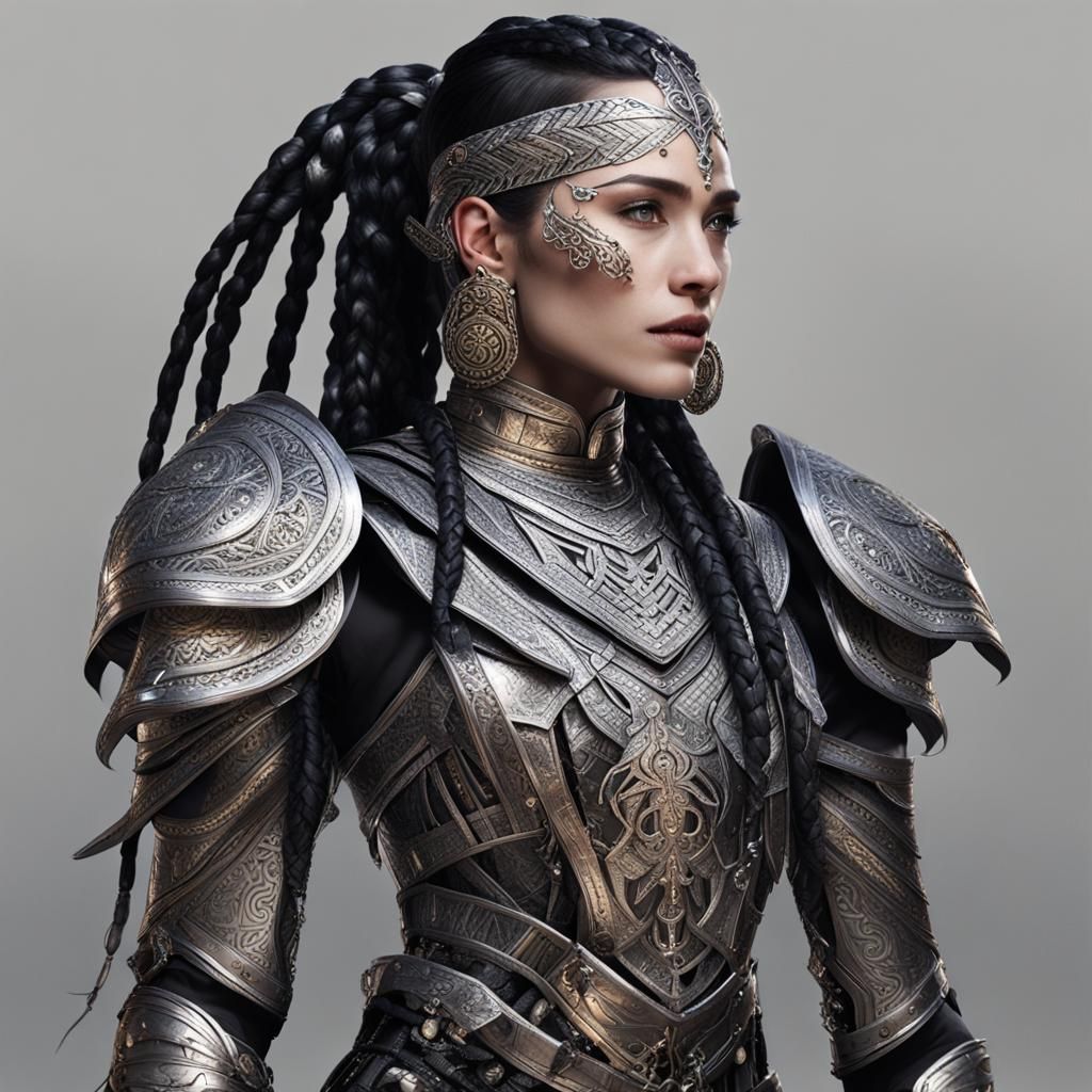A towering, strong jawed, pale-skinned woman adorned with st...