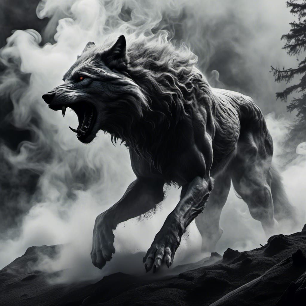 Majestic Wolf Emerging from Mist in Monochrome