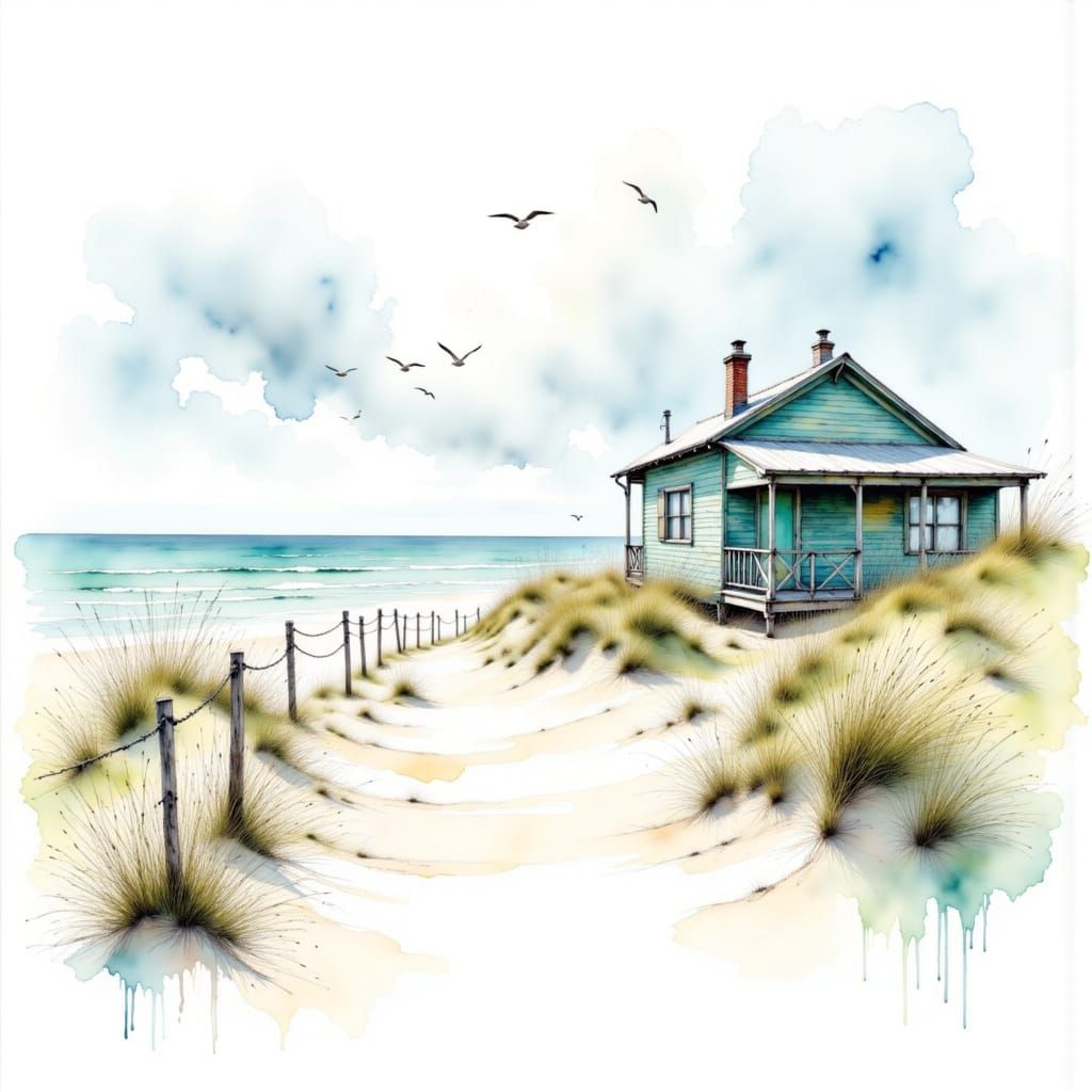 <lora:Watercolor Wash Fade:1.0> Align left minimalist Distant watercolor wash of a 

Rustic beach Bungalow cottage with a teal wash with san...