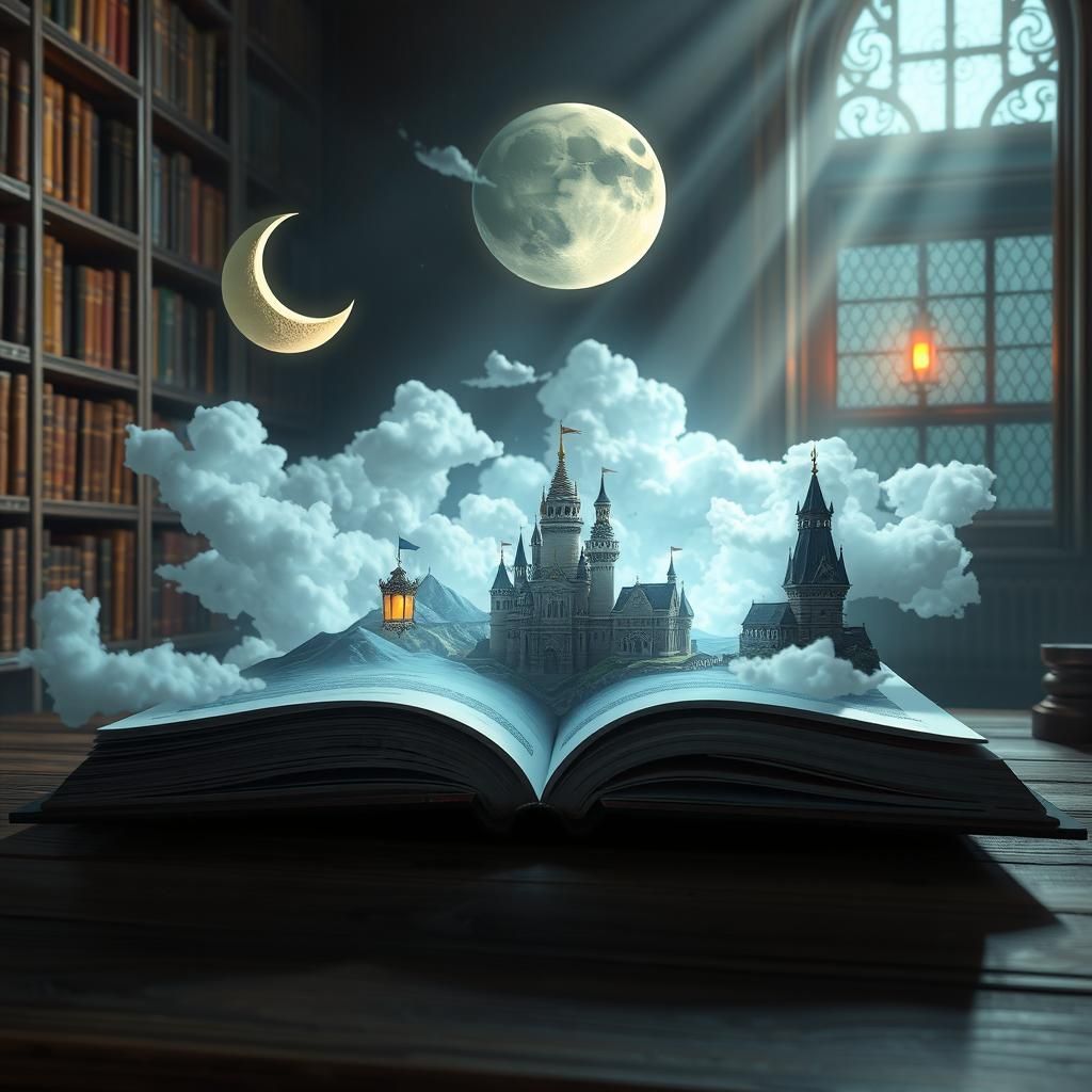 This is a beautiful fantasy-style image depicting an open book with a magical scene emerging from its ...  by @Chop
