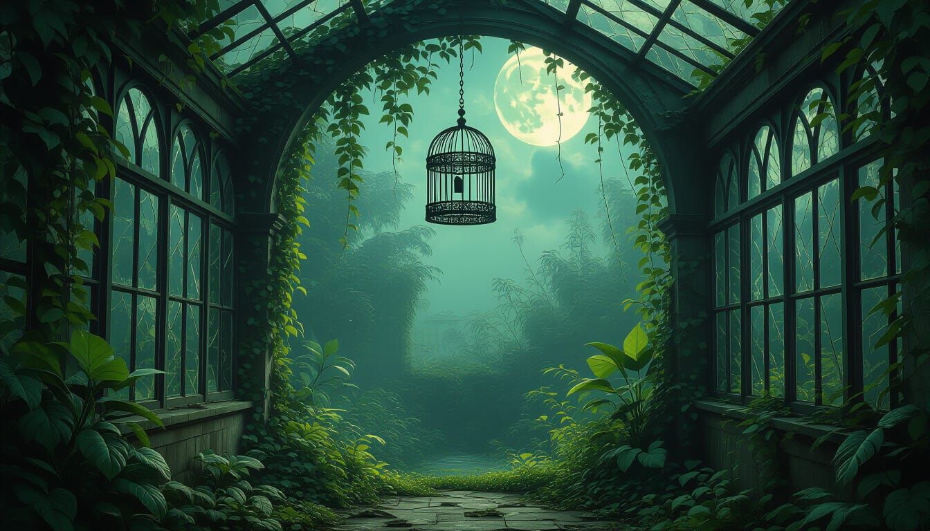 An abandoned Victorian greenhouse overgrown with exotic, luminous plants and creeping vines. Moonlight streams through shattered glass panes...