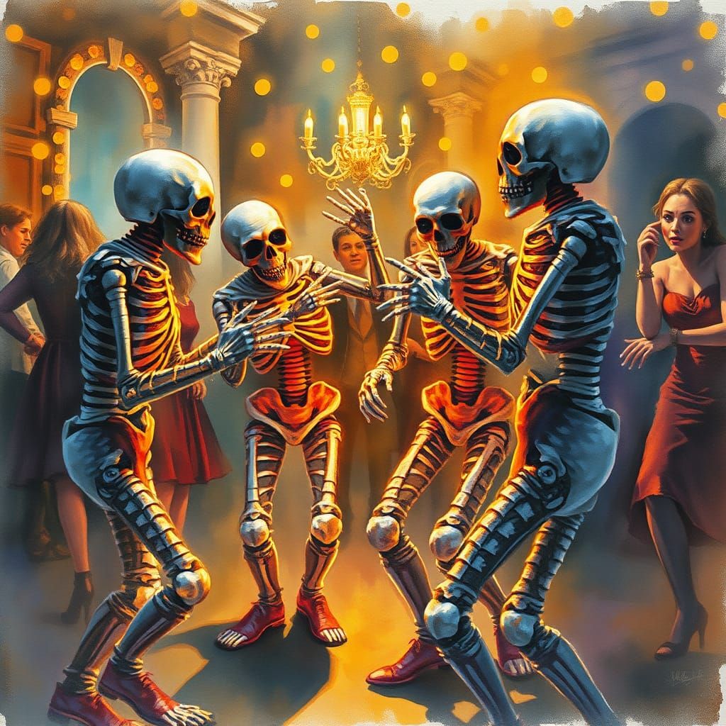 Skeletons dancing at the Ghost museum exhibit