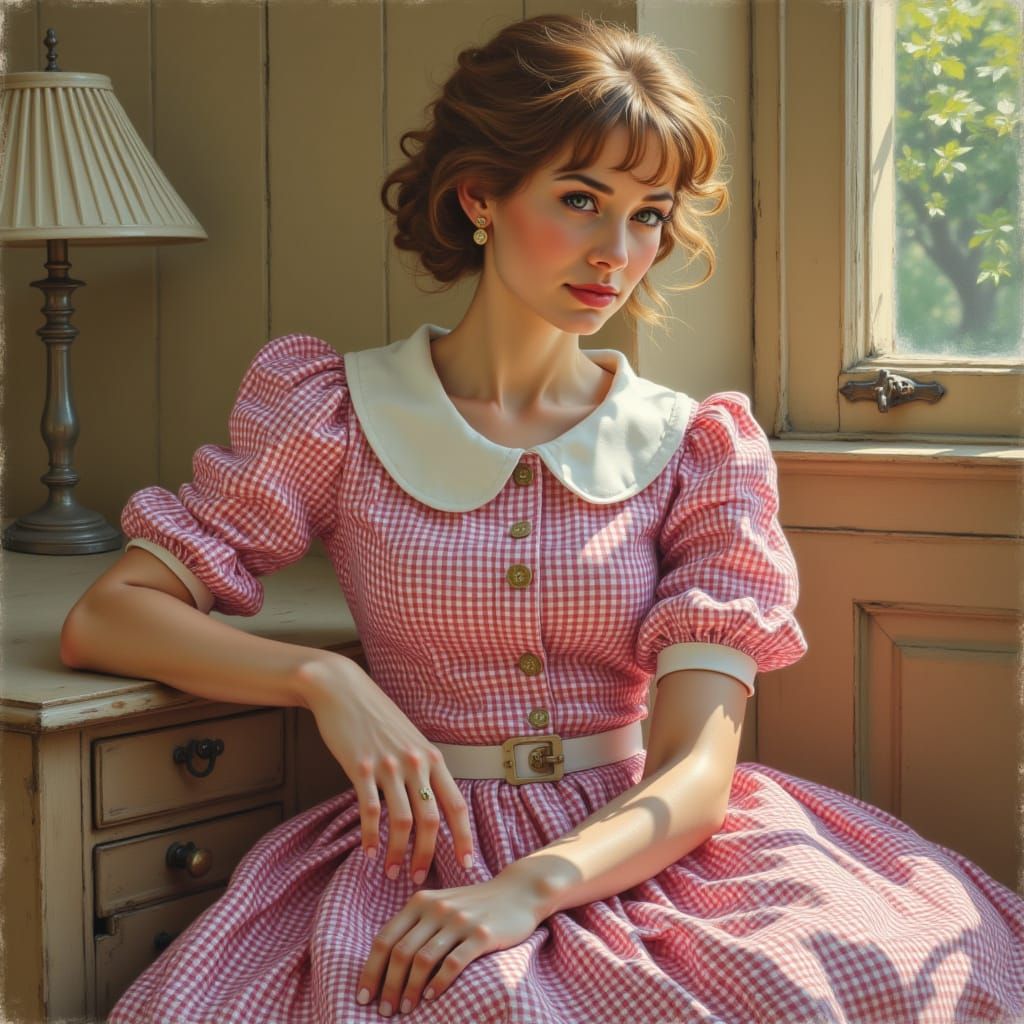 <lora:Gingham World:1.0> Sitting portrait of a woman in a gingham dress.