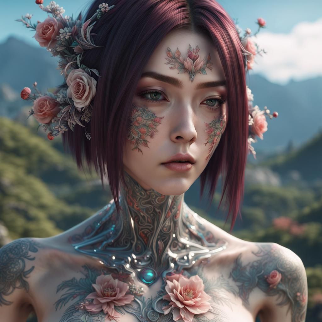 Japan girl with stunning eyes. Her neck and arms are made of...
