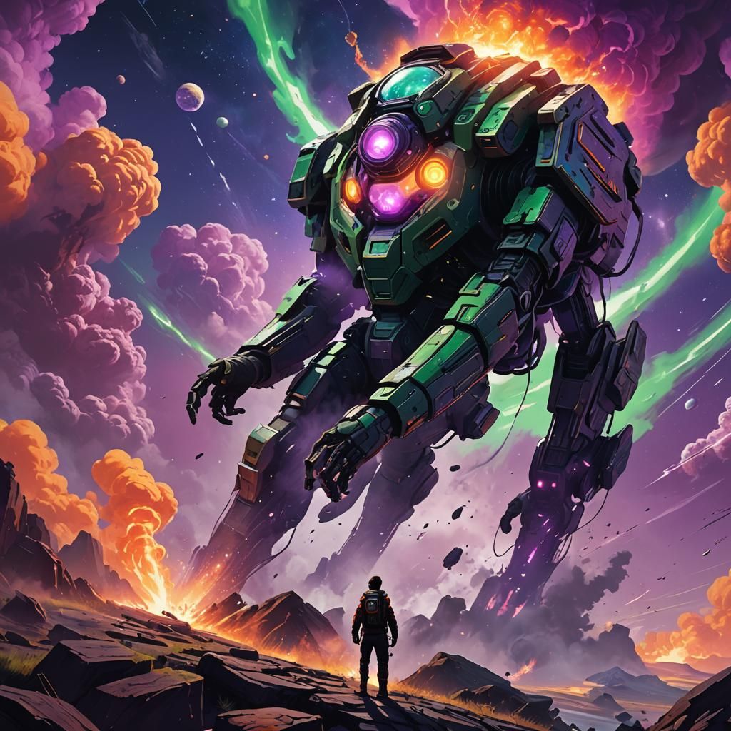 Cosmic Hero Prevents Planetary Explosion in Digital Art