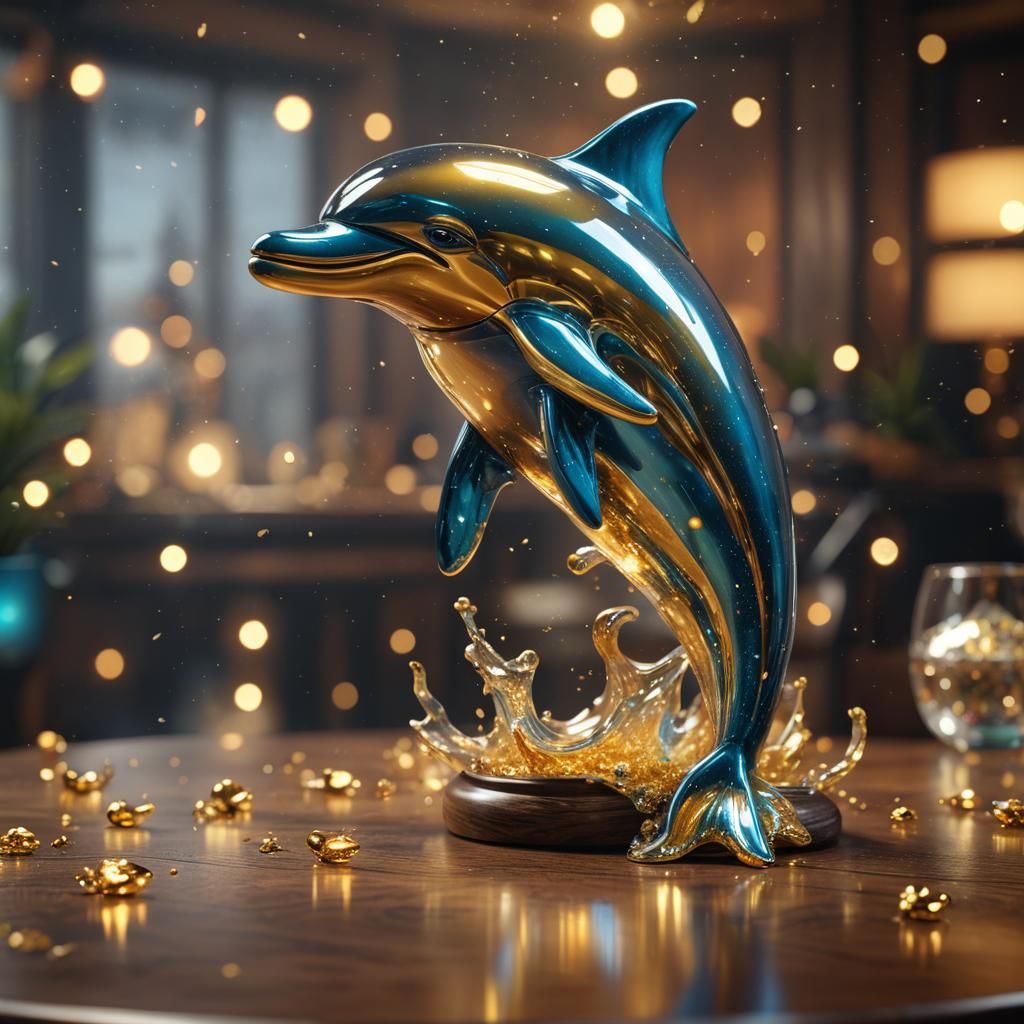 8k blown glass dolphin statue close up focused on a wooden o...