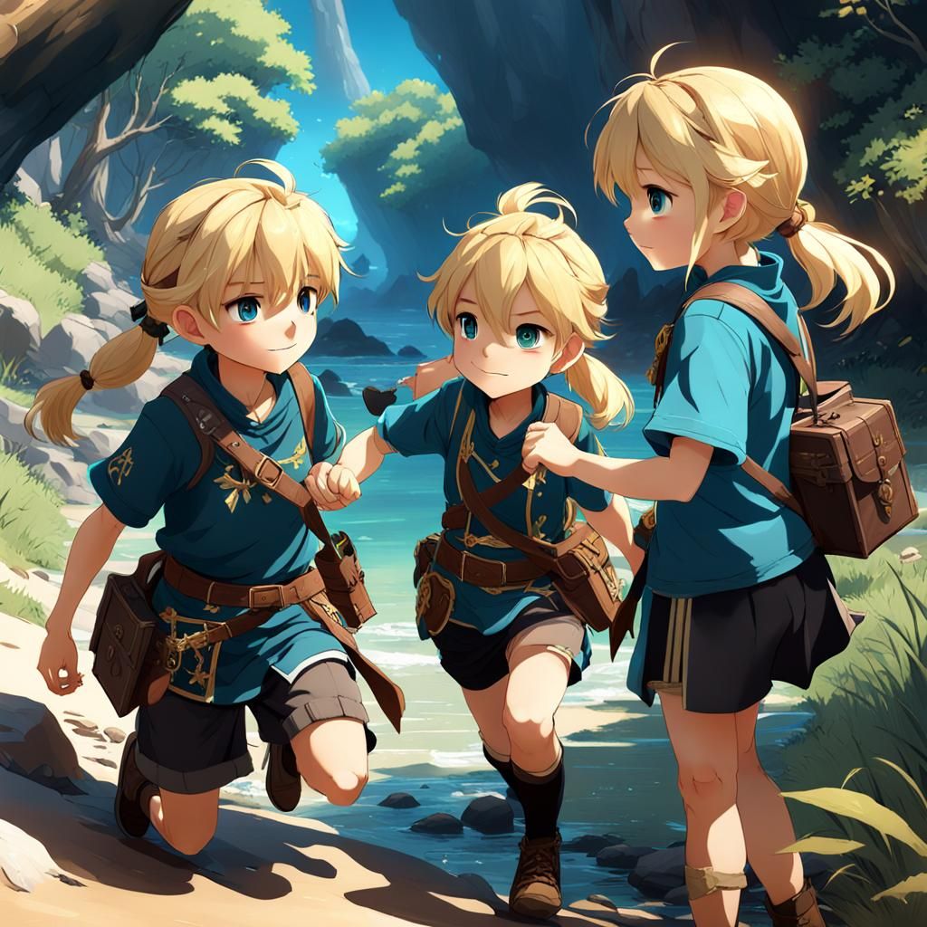 Sibling Adventure with Two blonde children, one a young boy,...