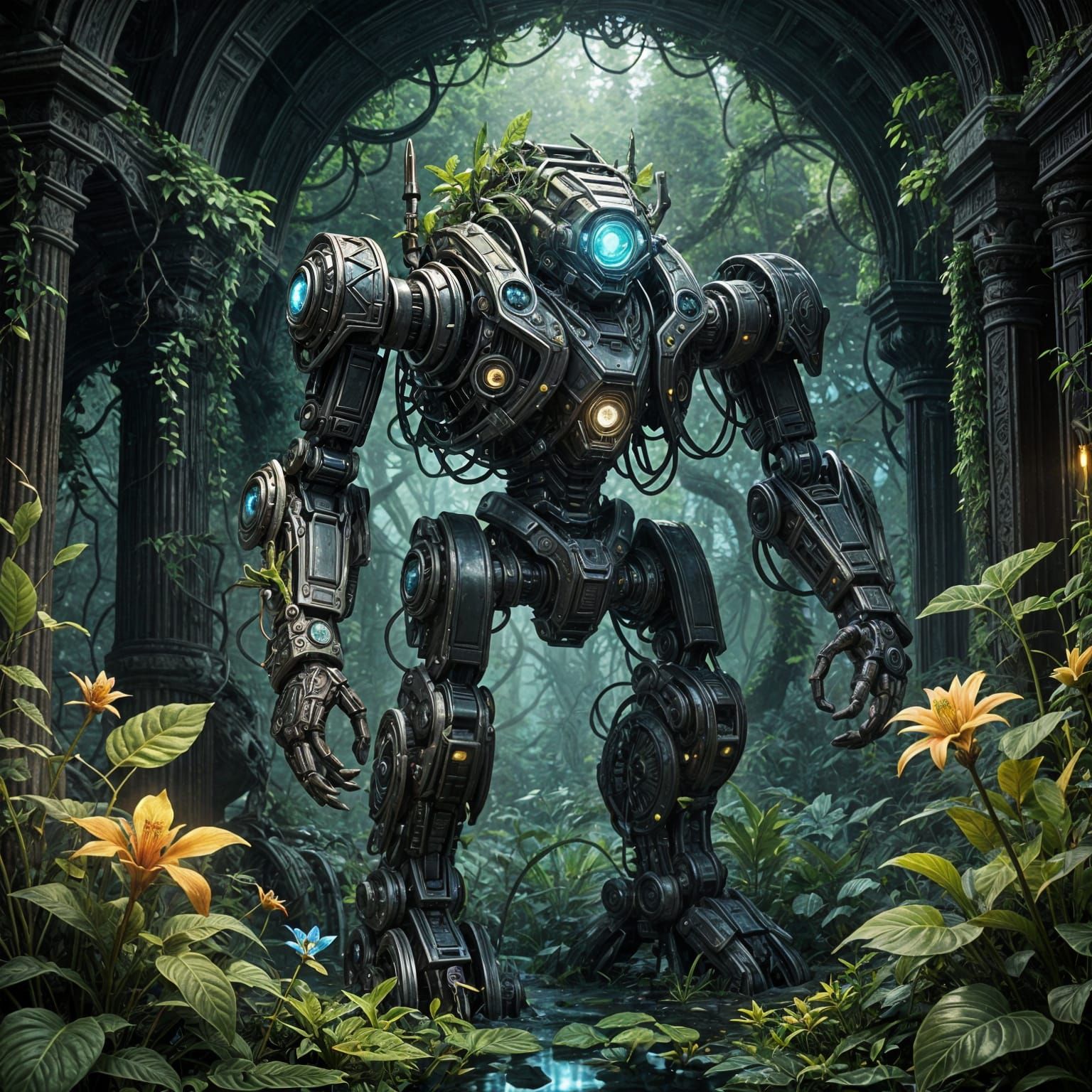 <lora:Fairy Lights:1.0> A majestic queen in ornate, futuristic armor, adorned with glowing cybernetic filigree, stands on a balcony overlook...