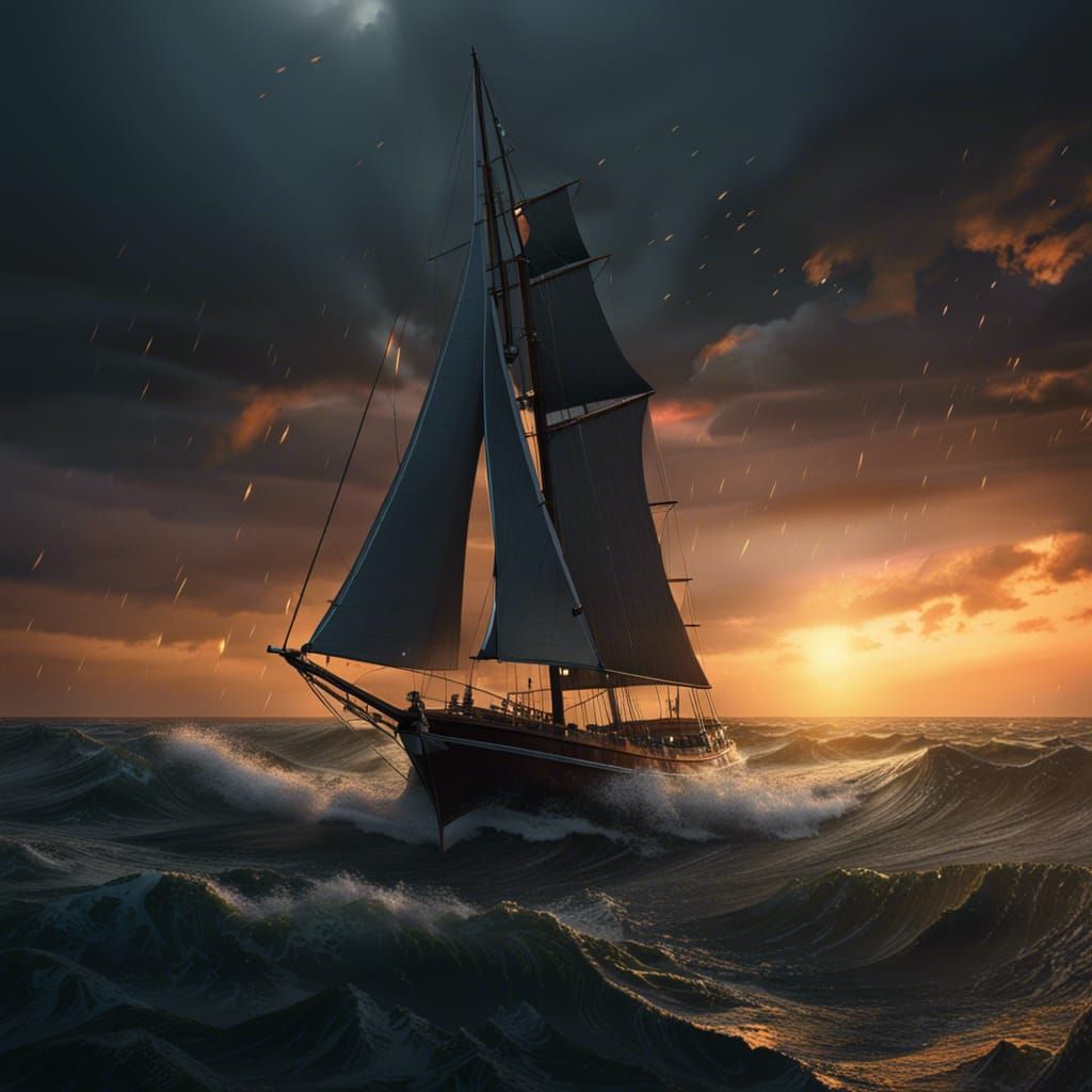 Sailboat in a thunderstorm and rough see at sunset   by @Speedychooky