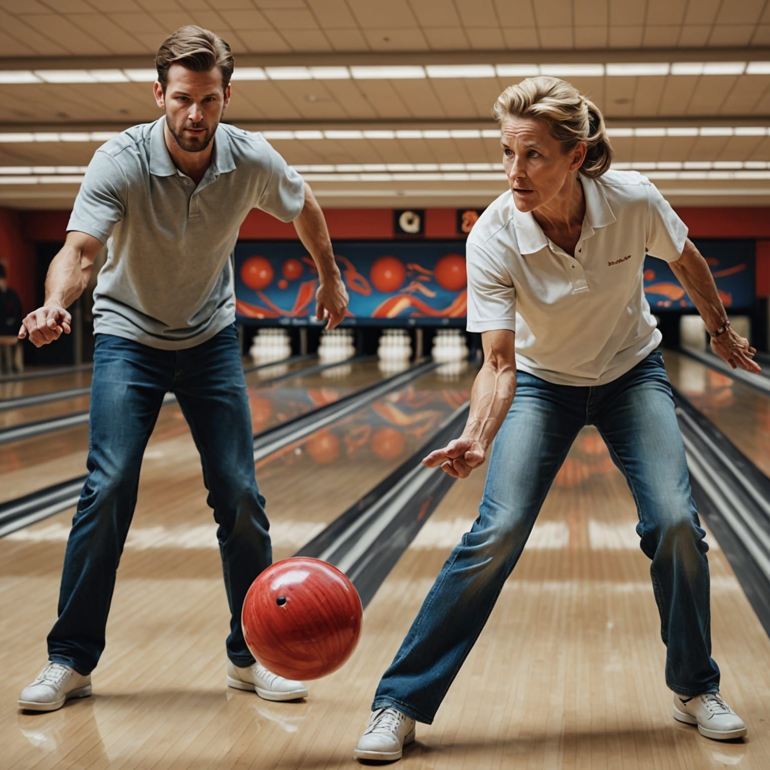 Show two people bowling and getting strikes photorealistic a...