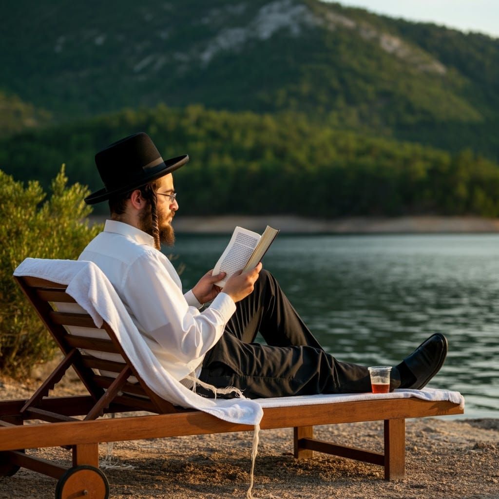 Orthodox Jewish Man Relaxing by Lake at Sunset