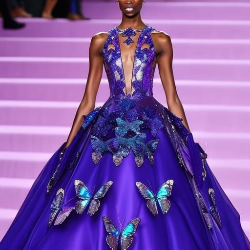 Metallic purple butterfly met gala dress decorated with blue