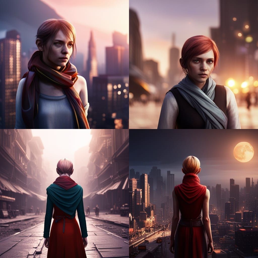a sad girl in a scarf but looking to the future in a crowded...