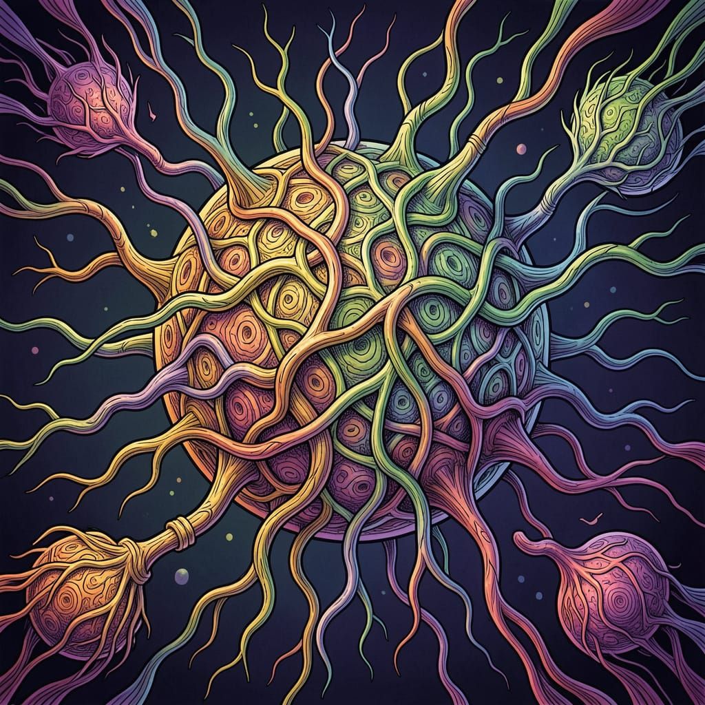 A living cell complete with very complex nerves twisted and tangled throughout the cell, and with tendrils reaching out ...