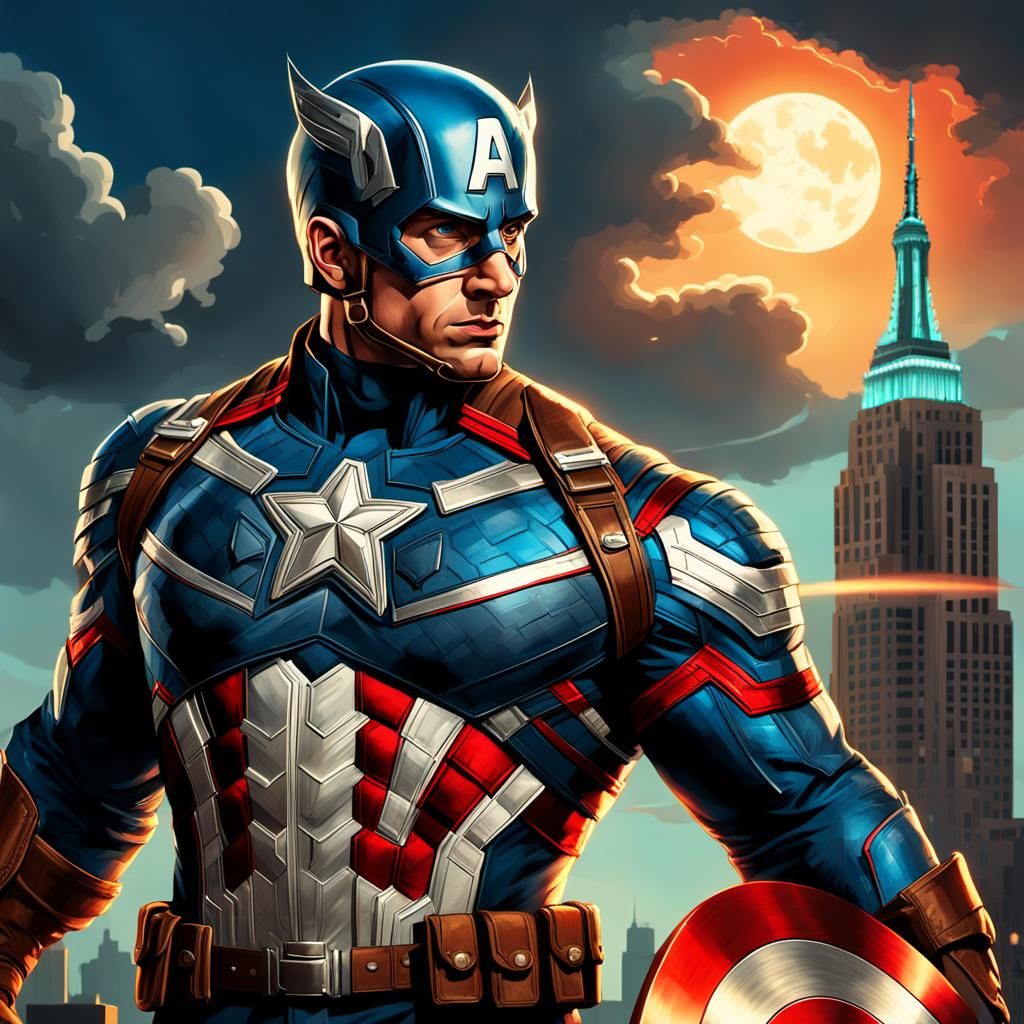 Captain America Hero Pose in Stormy Cityscape