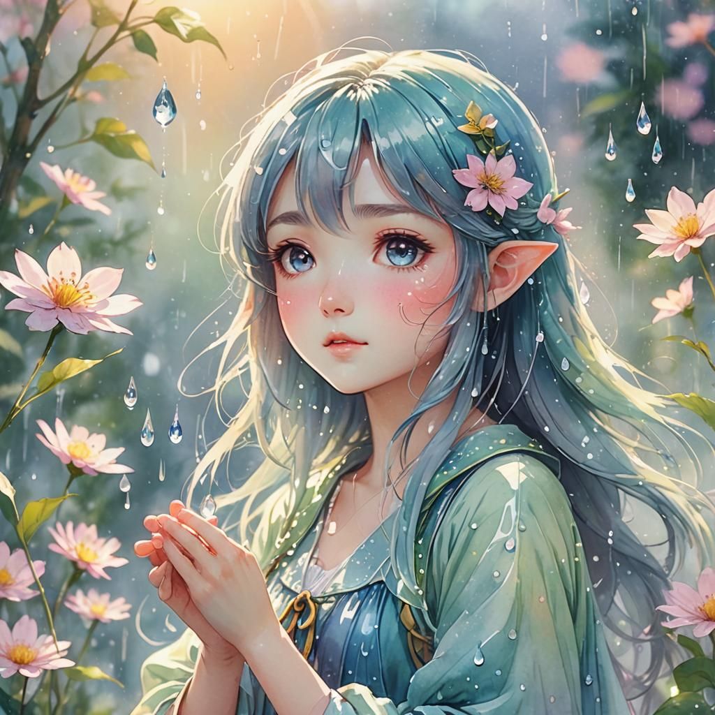 Anime Fairy Girl with Raindrop in Watercolor Style
