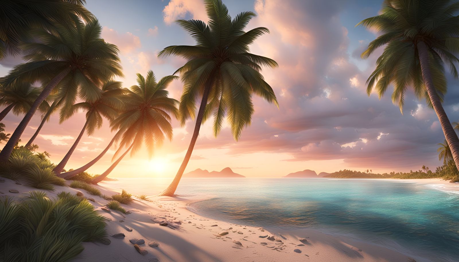 A beautiful tropical white sand beach with palm trees and a breathtaking sunset.