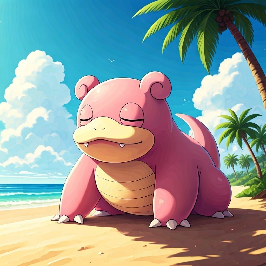 Relaxing Slowpoke Pokémon on Tranquil Beach in Anime-Inspire...