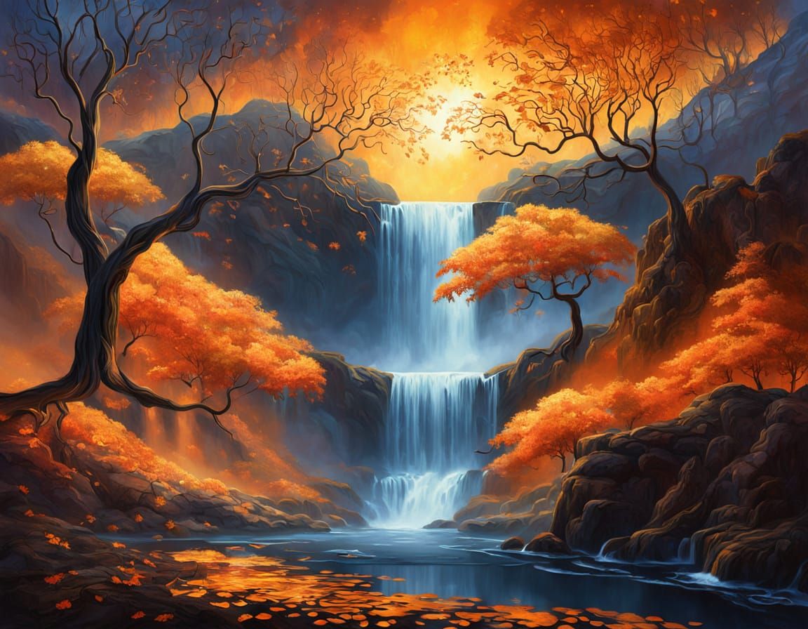 A luminous autumn tree beside a cascading waterfal