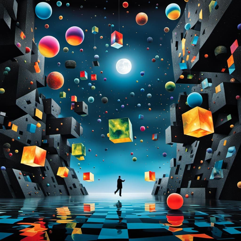 A surreal environment with floating cubes and spheres,