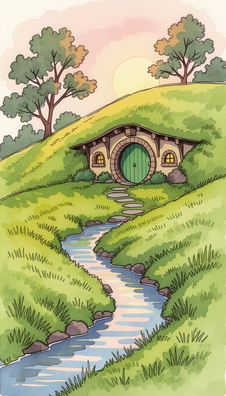 Hobbit Hole by a Pale Hill in Indigo and Amber