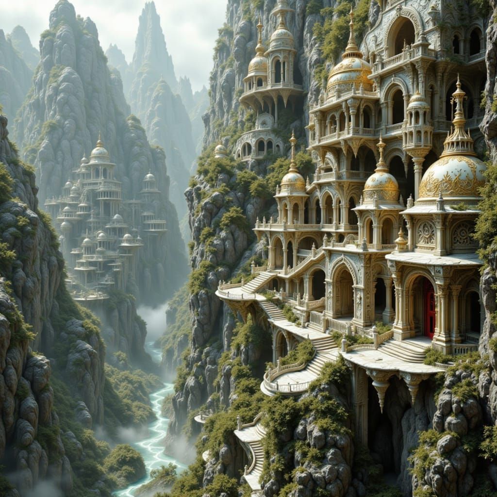 an abandoned overgrownwn empty ivory, marble and gold ruined crumbling temple city wrapped around and cascading down the side of a massive e...