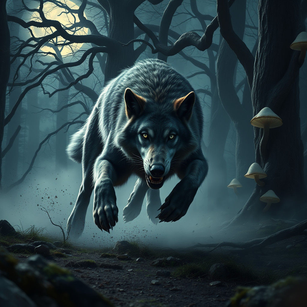 Wolf charging in night forest